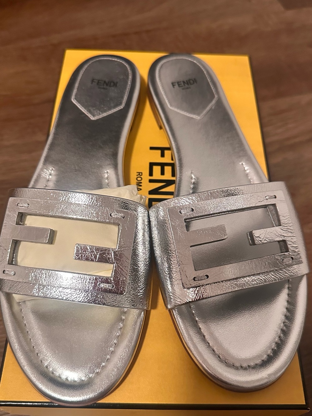 Fendi Silver Metallic Logo-Plate Slide Mules